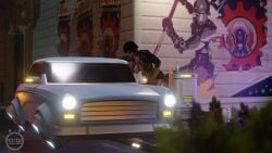 1girls 3d abs big_breasts blizzard_entertainment car dark-skinned_female fareeha_amari outdoors overwatch pharah prostitution self_upload slow_(artist)