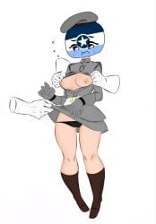 1girls aksana_(microhumans) assisted_exposure blushing boots breasts_out countryhumans countryhumans_edit countryhumans_girl edit female_focus female_only flawsystyle good_edit microcountryhumans military_uniform mostly_clothed no_bra panties_up small_breasts solo_female sweating thighs