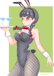 alcohol alternate_costume black_hair blush bowtie braided_hair braids brown_eyes bunny_ears bunny_girl bunny_tail bunnysuit detached_collar embarrassed female female_only fishnets genderswap_(mtf) gintama glasses green_background long_hair medium_breasts official_alternate_hairstyle pantyhose playboy_bunny rule_63 shimura_shinpachi solo szk0mar tray twin_braids wrist_cuffs