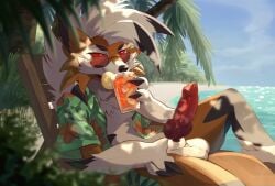 aloha_shirt animal_genitalia animal_penis anthro balls beach beach_chair beverage bottomless canid canine canine_genitalia canine_penis claws clothed clothing day drinking erection exodus_the_emperor eyewear fur genitals glasses hair hi_res knot looking_at_viewer lycanroc male male_focus mammal midnight_lycanroc nintendo open_clothing open_shirt open_topwear orange_body orange_fur outside palm_tree pattern_clothing pattern_shirt pattern_topwear penis plant pokémon_(species) pokemon red_eyes sea seaside sheath shirt solo sunglasses tenebscuro topwear tree tropical water white_body white_fur white_hair