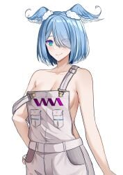 blue_hair bob_cut cleavage dragon_girl elira_pendora eye_visible_through_hair hair_over_one_eye head_wings heterochromia krobukun mole mole_on_armpit naked_overalls nijisanji nijisanji_en off_shoulder overalls overalls_only short_hair sideboob virtual_youtuber