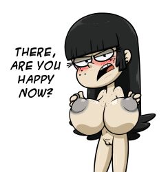 asking_a_question black_hair blush dialogue ear_piercing embarrassed embarrassed_nude_female freckles freckles_on_breasts freckles_on_chest gigantic_breasts goth grey_nipples huge_areolae huge_nipples long_hair maggie_(the_loud_house) nipple_pinching pale_skin pinching_nipples pussy shaved_pussy takeshi1000 teen text the_loud_house thin thin_female top_heavy white_background