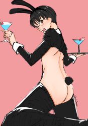 alcohol alternate_costume black_hair brown_eyes bunny_boy bunny_ears bunny_tail bunnysuit colored_sketch gintama glasses kneeling looking_at_viewer looking_back male male_only male_playboy_bunny martini open_mouth pink_background reverse_bunnysuit shimura_shinpachi sketch solo szk0mar tray twink