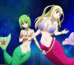 big_breasts blonde_hair brandish_mew breasts brown_eyes fairy_tail green_eyes green_hair green_tail lucy_heartfilia mermaid mermaid_girl mermaid_position mermaid_tail mermaid_transformation pink_tail seashell_bra starfish_bra