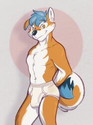 absurd_res anthro black_nose blue_body blue_fur blue_hair briefs briefs_only bulge canid canine canis clothed clothing detailed_background detailed_bulge domestic_dog druidyordle fur genital_outline hair hands_behind_back hi_res jexlpuppy male mammal orange_body orange_fur penis_outline shiba_inu smile solo spitz tighty_whities topless translucent translucent_clothing underwear underwear_only white_body white_briefs white_clothing white_fur white_underwear