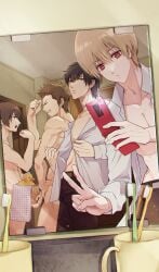 4boys black_hair brown_hair candid convenient_censoring flexing gintama hijikata_toshiro kitsune_0510 kondou_isao light_brown_hair male male_only mirror mirror_selfie multiple_boys nude_male okita_sougo open_shirt phone red_eyes reflection selfie shinsengumi_(gintama) toned toned_male towel undressing v yamazaki_sagaru yaoi