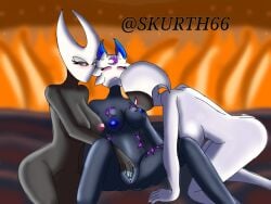 3girls blue_nipples female/female female_masturbation hollow_knight hornet_(hollow_knight) lace_(hollow_knight) lesbian_sex luna_(skur) multiple_girls nipple_suck nipple_sucking only_female silksong skurth66 threesome vaginal_juices vaginal_masturbation