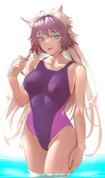 1girls atalanta_(alter)_(fate) big_breasts curvy fate/apocrypha fate/grand_order fate_(series) female kameponde kemonomimi light-skinned_female lion_ears lion_girl lion_tail nipple_bulge nipples_visible_through_clothing purple_hair silver_hair solo swimsuit tongue_out two-tone_hair white_hair wide_hips