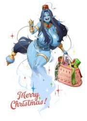 1girls 2d big_breasts blue_skin breasts christmas closed_eyes completely_naked completely_nude completely_nude_female dark_blue_hair female female_focus female_only female_solo genie genie_girl highres holding_bag jinn_(rwby) long_hair lulu-chan92 merry_christmas naked naked_female nipples_covered nude nude_female open_mouth pointy_ears rwby solo solo_female tagme text thick_thighs thighs wide_hips