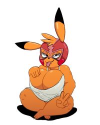 anthro anthro_only big_breasts clothed cosplay_pikachu furry huge_breasts legs_crossed looking_at_viewer mask pikachu pikachu_libre pokémon_(species) pokemon shiny_pikachu shiny_pokemon shortstack sitting softbeancandy white_background