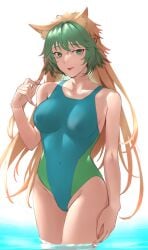 1girls atalanta_(fate) big_breasts blonde_hair curvy fate/apocrypha fate/grand_order fate_(series) female green_hair kameponde kemonomimi light-skinned_female lion_ears lion_girl lion_tail nipple_bulge nipples_visible_through_clothing solo swimsuit tongue_out two-tone_hair wide_hips