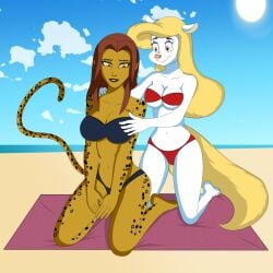 2girls animaniacs anoneysnufftan anthro applying_sunscreen barbara_ann_minerva beach bikini blonde_hair cheetah_(dc) dc_comics edasbild embarrassed female female_only furry humiliation imminent_death killer_lotion massage minerva_mink murder ocean peril punishment rubbing sand seaside sitting sky snuff summer sunbathing swimsuit tail towel white_body wonder_woman_(series) yellow_body