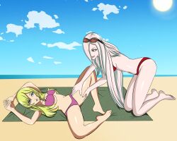 2girls anoneysnufftan applying_sunscreen arms_up bayonetta beach bikini blonde_hair blue_eyes edasbild embarrassed female female_only goggles goggles_on_head humiliation imminent_death jeanne_(bayonetta) killer_lotion laying_on_back legs_spread long_hair massage metal_gear_solid murder ocean on_back peril punishment rubbing sand seaside sky sniper_wolf snuff summer sunbathing swimsuit towel white_hair