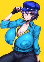 1girls 2023 alternate_breast_size atlus big_breasts big_nipples blue_eyes blue_hair cleavage female female_focus female_only fingerless_gloves fully_clothed gggg hat hi_res high_resolution highres huge_breasts huge_nipples large_breasts massive_breasts nipples nipples_visible_through_clothing persona persona_4 puffy_nipples shirogane_naoto short_hair sitting solo solo_female solo_focus tagme tie tomboy yellow_background