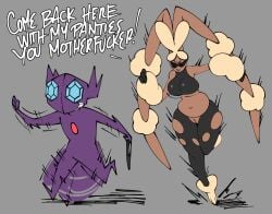 2023 absurd_res ambiguous_gender big_breasts breasts brown_body brown_fur clothed clothing dialogue duo english_text female female_pokemon fur generation_3_pokemon generation_4_pokemon generation_6_pokemon genitals hi_res lopunny mega_evolution mega_lopunny nintendo pokemon pokemon_(species) profanity purple_body pussy sableye saltyxodium text torn_clothing