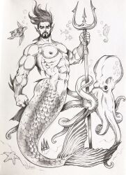 black_and_white bubbles fish looking_at_viewer male male_only merman muscles muscular muscular_male octopus posing rodrigolandave8 sea_turtle seahorse sketch starfish triton uncolored underwater