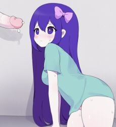 aubrey_(headspace) aubrey_(omori) blushing clarevoir cum cum_on_penis imminent_rape imminent_sex long_hair mob_face omori panties pink_bow purple_eyes purple_hair scared sweating thighs