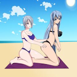 2girls akame_ga_kill! anoneysnufftan applying_sunscreen beach bikini blue_hair edasbild embarrassed esdeath_(akame_ga_kill!) female female_only humiliation imminent_death isabella_valentine killer_lotion long_hair massage murder ocean one_eye_obstructed peril punishment rubbing sand seaside short_hair sitting sky snuff soul_calibur summer sunbathing swimsuit towel white_hair