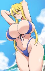 armpits arms_above_head arms_up beach big_breasts bikini blonde_hair blue_bikini blue_sky breasts cameltoe chestnut_mouth cleft_of_venus cloud curvy day female female_focus from_below highres highschool_of_the_dead huge_breasts large_breasts looking_at_viewer matching_hair/eyes navel outdoors sand shiny_skin shizuka_marikawa skindentation sky solo swimsuit thick_thighs thighs wide_hips wozzu yellow_eyes