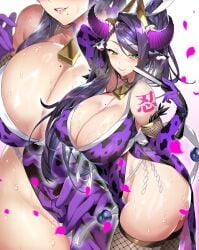 1girls aurora_(bunnystein_fantasy) beauty_mark blue_lipstick breasts bunnystein_fantasy cleavage female gan_(shanimuni) high_resolution hips horns huge_breasts long_hair massive_breasts mature_female milf mole_under_mouth purple_eyes purple_hair shoulder_tattoo sweat sweaty_body thick_thighs thighs wide_hips