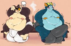 2boys animal_crossing anthro antlers areolae ass belly blue_fur boner brown_fur bruce_(animal_crossing) bulge deer erection erection_under_clothes eugene_(animal_crossing) flaccid furry gay hips koala large_ass large_testicles looking_at_another male male_focus male_only moobs nintendo orange_eyes overweight overweight_male sauna shades smolsnuff stomach sunglasses sweat sweaty sweaty_body tan_fur testicles thick_thighs thighs underwear wide_hips