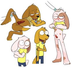 adult_swim animal_genitalia animal_penis anthro balls blush bottomless bunny_morty canid canine canine_genitalia canine_penis canis cartoon_network clothed clothing clothing_lift collar crossed_arms dog_morty domestic_dog erection genitals head_pat hi_res human immy_(artist) knot lagomorph leporid male male_only mammal morty_smith penis pocket_mortys rabbit rabbit_morty raised_leg rick_and_morty rick_sanchez shirt shirt_lift topwear young