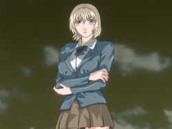 1girls bible_black blonde_hair crossed_arms green_eyes jody_crowley large_breasts pale_skin school_uniform shin_bible_black skirt