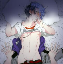 2boys aoyagi_touya bed bed_sheet bedroom blue_hair blush covering_mouth gay gay_sex grey_eyes lying_on_bed male male/male male_focus male_only moaning mochi_noue mole_under_eye nipples pants_down partially_clothed pillow pillow_grab project_sekai shirt_lift shirt_up two_tone_hair yaoi