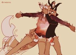 2023 anthro antlers balls biped bottomless bottomless_anthro bottomless_male brown_body brown_fur canid canine canis cantio_(lawyerdog) chin_scratch clothed clothing coyote deer digital_media_(artwork) duo erection fangs foreskin fur genitals horn humanoid_genitalia humanoid_penis lawyerdog male male/male mammal panko_(lawyerdog) penis petting smile tail tail_motion tailwag tan_body tan_fur teeth white_balls white_body white_fur