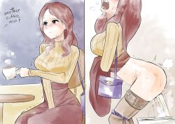 1girls ass biku blush breasts character_request copyright_request dress dress_lift female female_only hand_between_legs have_to_pee need_to_pee open_mouth panties panty_pull pee peeing purple_panties squatting sweat toilet toilet_use underwear