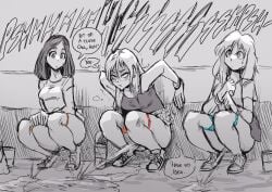 3girls biku character_request copyright_request female female_only multiple_girls panties peeing power_pissing public public_urination relief squatting text