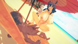 1girls 2boys arknights beach beach_chair beach_sex beach_umbrella beer_can ch'en_(arknights) cowgirl_position cum cum_in_pussy cum_inside dark-skinned_male heart-shaped_pupils huge_breasts koikatsu light-skinned_female light-skinned_male mephisto_(arknights) ocean spyrodragon2003 thorns_(arknights)