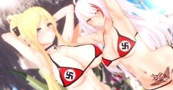 2girls :p arms_above_head azur_lane bikini bismarck_(azur_lane) bleachedartoria blonde_hair koikatsu kriegsmarine large_breasts light-skinned_female multiple_girls nazi perky_breasts prinz_eugen_(azur_lane) swastika white_hair