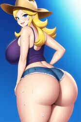 ai_generated ass_focus blonde_hair blue_eyes bubble_butt cowboy_hat curvy curvy_figure gigantic_ass gigantic_breasts huge_ass huge_breasts huge_hips long_hair looking_at_viewer mario_(series) nai_diffusion nintendo princess_rosalina purple_tank_top rosetta_(super_mario_galaxy) seductive_smile short_shorts stable_diffusion sweat thick_thighs voluptuous wide_hips