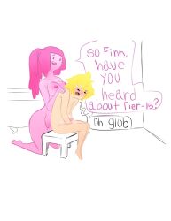 1boy 1girls 2013 adventure_time areolae barefoot bathing bathing_together bathroom bathtub big_breasts bigger_female blush breasts cartoon_network chair covered_penis duo finn_the_human full_body hand_on_shoulder hiding_erection long_hair messy_hair mouth_open nervous nipples nude nude_female nude_male ponytail portrait princess_bubblegum pubes suds talking_to_partner teasing text text_bubble thick_thighs unknown_artist washing_back white_background