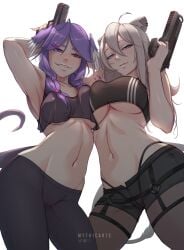 2girls ahoge animal_ears animal_tail armpit bare_midriff bare_shoulders belly_button big_breasts breast_press crossover dragon_girl dragon_tail duo duo_female duo_focus ear_piercing exposed_shoulders exposed_torso garter_straps gray_eyes gray_hair grey_eyes grey_hair gun hair_wings hairclip head_wings heterochromia hi_res highres holding_object holding_weapon hololive hololive_gen_5 hololive_japan light-skinned_female light_skin lion_ears lion_girl lion_tail looking_at_viewer looking_down midriff myth1c navel nijisanji nijisanji_en pistol purple_hair selen_tatsuki shishiro_botan short_shorts tail tight_clothing tight_pants twin_braids underboob virtual_youtuber vtuber white_background white_hair