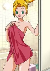 big_breasts blonde_hair bra_(dragon_ball) bra_briefs dragon_ball dragon_ball_multiverse female_saiyan green_eyes ranru saiyan shower smile smiling son_bra super_saiyan teenager towel younger_female