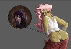 2girls anal_vore giantess head_in_ass multiple_girls orc_female pink_hair stuck_in_ass sweaty_butt unknown_artist vore