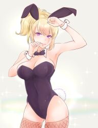 alternate_costume big_breasts blonde_hair bowtie bunny_ears bunny_girl bunny_tail bunnysuit cleavage detached_collar facial_scar female female_only fishnet_thighhighs fishnets gintama paleatus playboy_bunny ponytail purple_eyes smile solo thighhighs tsukuyo wrist_cuffs