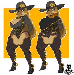 breasts christomwow cleavage clothed clothing cowboy_hat dark-skinned_female dark_skin eyelashes female female_only food_creature fortnite freckles freckles_on_breasts high_heels long_hair mancake pancake rule_63 rule_63 thighhighs thighs thong white_eyes wide_hips