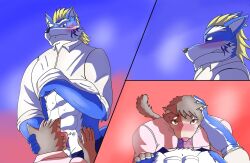 2023 anthro assassinfenrir balls blue_eyes canid canine canis clothed clothing comic digital_media_(artwork) domestic_cat duo felid feline felis fenrir_(tokyo_afterschool_summoners) genitals hi_res humanoid humanoid_genitalia humanoid_penis interspecies lifewonders male male/male mammal oral partially_clothed penis red_eyes shaded simple_background sitri tokyo_afterschool_summoners wolf