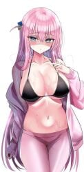 big_breasts black_bra blue_eyes bocchi_the_rock! breasts embarrassed female female_only gotou_hitori huge_breasts jacket large_breasts pink_hair solo solo_female sweating taking_off_jacket