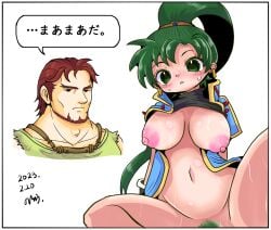 1boy 1girls bare_thighs breasts dorcas_(fire_emblem) female female_focus fire_emblem fire_emblem:_the_blazing_blade green_eyes green_hair japanese_text large_breasts long_hair lyn_(fire_emblem) male nintendo noda_ryo nude nude_female ponytail solo_focus spread_legs text thighs translation_request