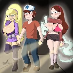 1boy 2girls baseball_cap big_breasts bike_shorts blonde_female blonde_hair boots bra breast_grab brown_hair confident_smile dipper_pines flashlight ghost goat-head_(artist) gravity_falls groping high_heel_boots high_heels holding_hands knee_socks kneehighs kneesocks mabel_pines pacifica_northwest pine_tree_(symbol) purple_socks shiny_breasts socks straight_hair teenager thigh_socks thighhighs voluptuous_female white_socks zettai_ryouiki