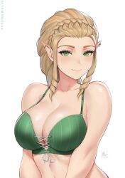 1girls anime_style blonde_hair blush blushing_at_viewer female female_only female_solo green_bra green_hair green_lingerie green_underwear light-skinned_female light_skin lingerie lingerie_bra lingerie_only long_hair looking_at_viewer mirco_cabbia myra_(sciamano240) oc original original_character pointy_ears sciamano240 smile smiling smiling_at_viewer solo solo_female