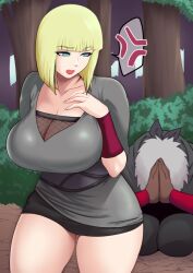 1boy 1girls adult age_difference begging begging_for_sex begging_pose blonde_hair blunt_bangs bob_cut busty donaora889 embarrassed female forest fully_clothed huge_breasts interracial kneeling large_breasts long_hair male/female mature mature_female naruto naruto_(series) naruto_shippuden nature older_female omoi on_knees outdoors samui teenager voluptuous younger_male