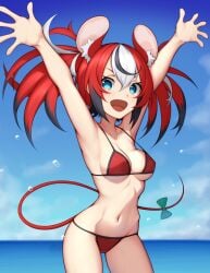 1girls animal_ears animal_tail armpits arms_up bare_armpits bare_midriff belly_button big_breasts bikini black_hair blue_eyes cleavage exposed_torso hakos_baelz hololive hololive_english hololive_english_-council- hololive_english_-promise- medium_breasts midriff mouse_ears mouse_girl mouse_tail navel nitrus14 oerba_yun_fang open_mouth rat_ears rat_girl rat_tail red_bikini red_hair red_swimsuit ribbon sea solo solo_female solo_focus swimsuit swimwear tail tail_ribbon three_tone_hair twintails virtual_youtuber water white_hair