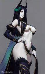 areola_slip artist_name big_breasts black_hair black_horns black_nails breasts clothed clothing clothing_aside colored_sclera colored_skin edit erection female female_only fingernails grey_background hair_ornament hair_over_one_eye hand_on_hip highres horns humanoid insect_wings large_breasts light-skinned_female light_skin long_hair looking_at_viewer melaina_(tarakanovich) monster_girl mostly_nude navel nipples_visible_through_clothing original pelvic_curtain pelvic_curtain_aside revealing_clothes simple_background smile solo standing stomach tarakanovich testicles thighhighs thighs third-party_edit uncensored white_skin wings wreath yellow_sclera