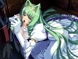 ahegao andou_tomoya big_breasts censored censored_penis cum cum_on_breasts cum_on_face evening_gloves game_cg gown green_hair green_hair_female hairjob highres himekishi_olivia inoino long_green_hair long_hair nakano_sora olivia_lindegard penis princess silky's tongue tongue_out