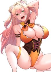 1girls arm_band armpits arms_behind_back arms_behind_head armwear blonde_hair bowtie cameltoe female flower_in_hair frills gradient_hair green_eyes hair_bun hololive hololive_gen_5 hololive_japan large_breasts long_hair momosuzu_nene open_mouth orange_leotard partially_clothed ribbon ribbons scantily_clad squatting thick_ass thick_thighs virtual_youtuber white_legwear white_thighhighs wide_hips おしゃけ